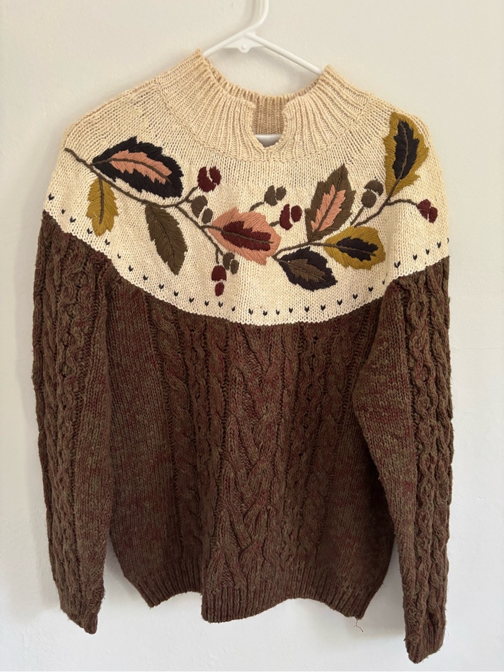 Vintage Crazy Horse Cable Knit Sweater with Cream Floral Yoke- Embroidery